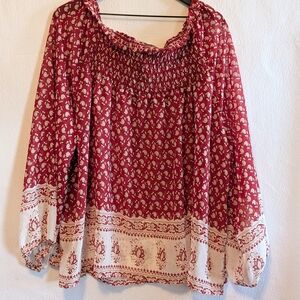 Flying Tomato Boho Peasant Deep Blouse Red Print Smocked Neck 2X Plus Flowy